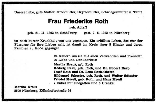 Adleff Friederike 1892-1982 Todesanzeige